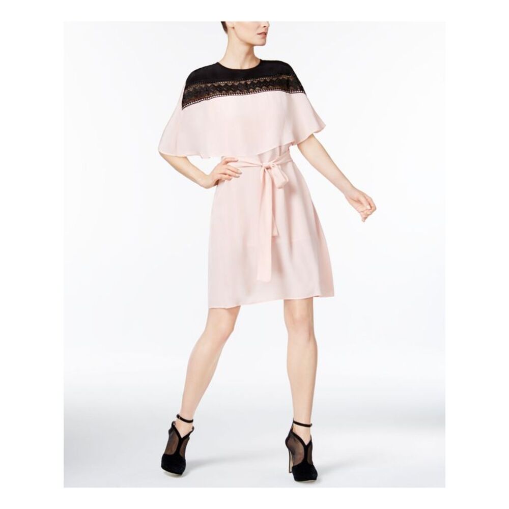 YYIGAL Womens Pink Lace Belted Short Sleeve Jewel Neck Top Size: XS